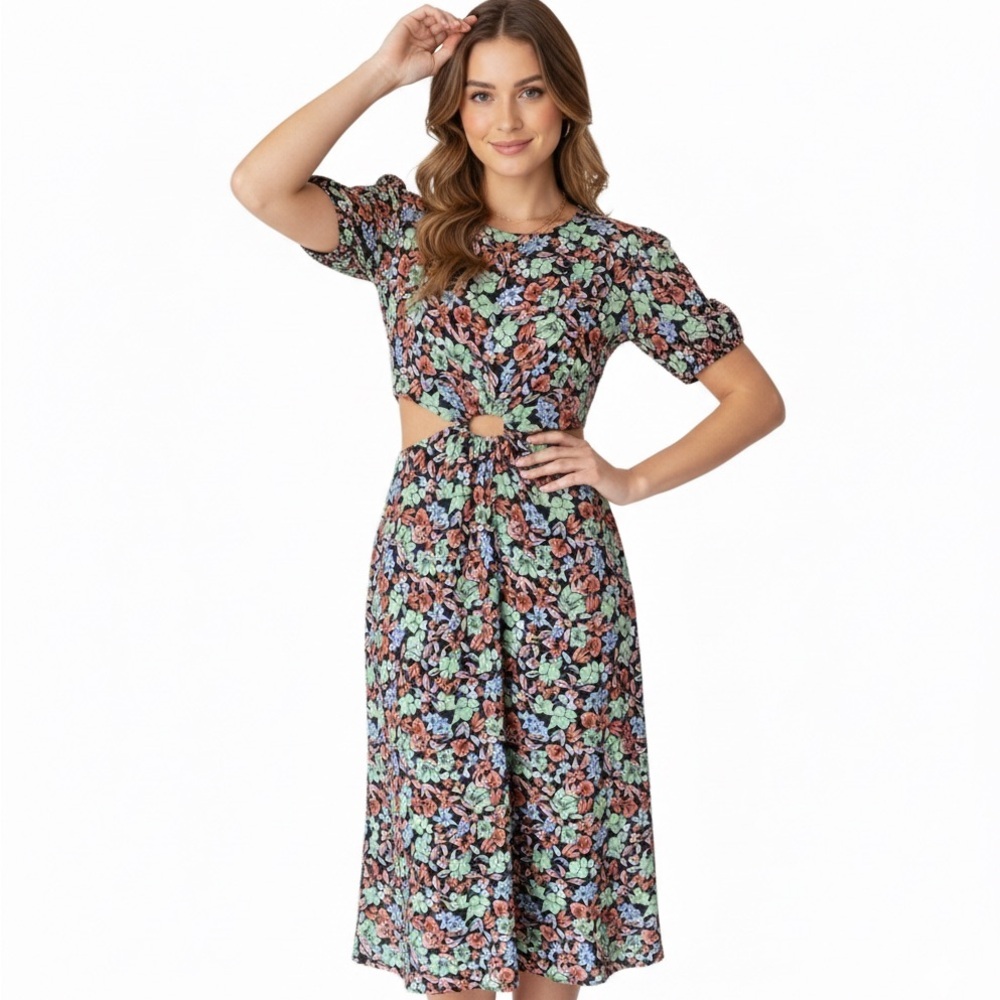 Trendyol Floral Print Cut Out Midriff Midi Dress Size 6
